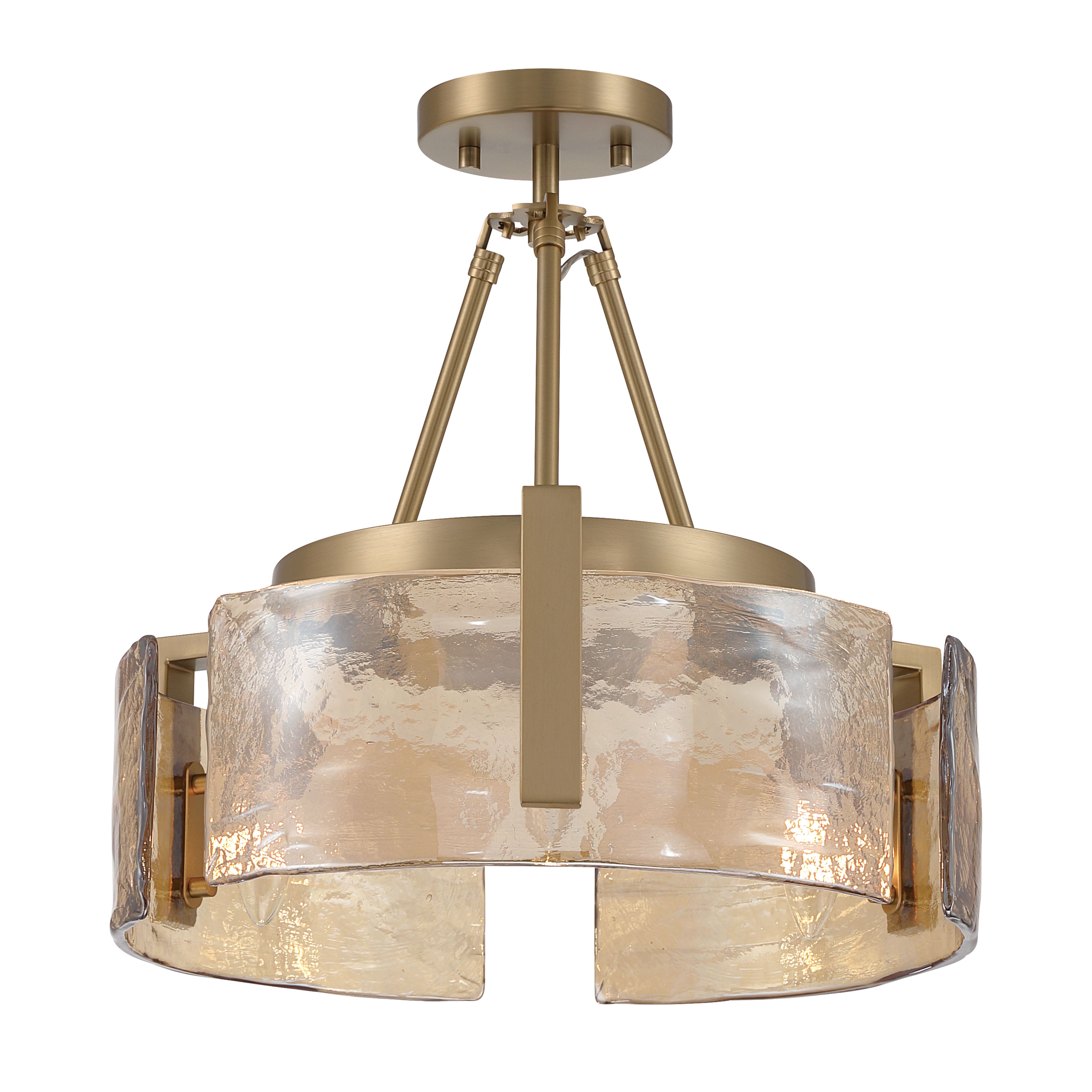 Aenon 3-light Semi-Flush Mount in Brushed Champagne Brass with Amber Water Glass - - Golden Lighting
