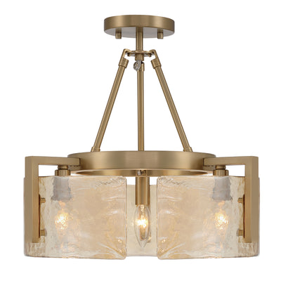 Aenon 3-light Semi-Flush Mount in Brushed Champagne Brass with Amber Water Glass - - Golden Lighting