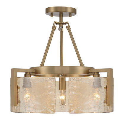 Aenon 3-light Semi-Flush Mount in Brushed Champagne Brass with Amber Water Glass - - Golden Lighting