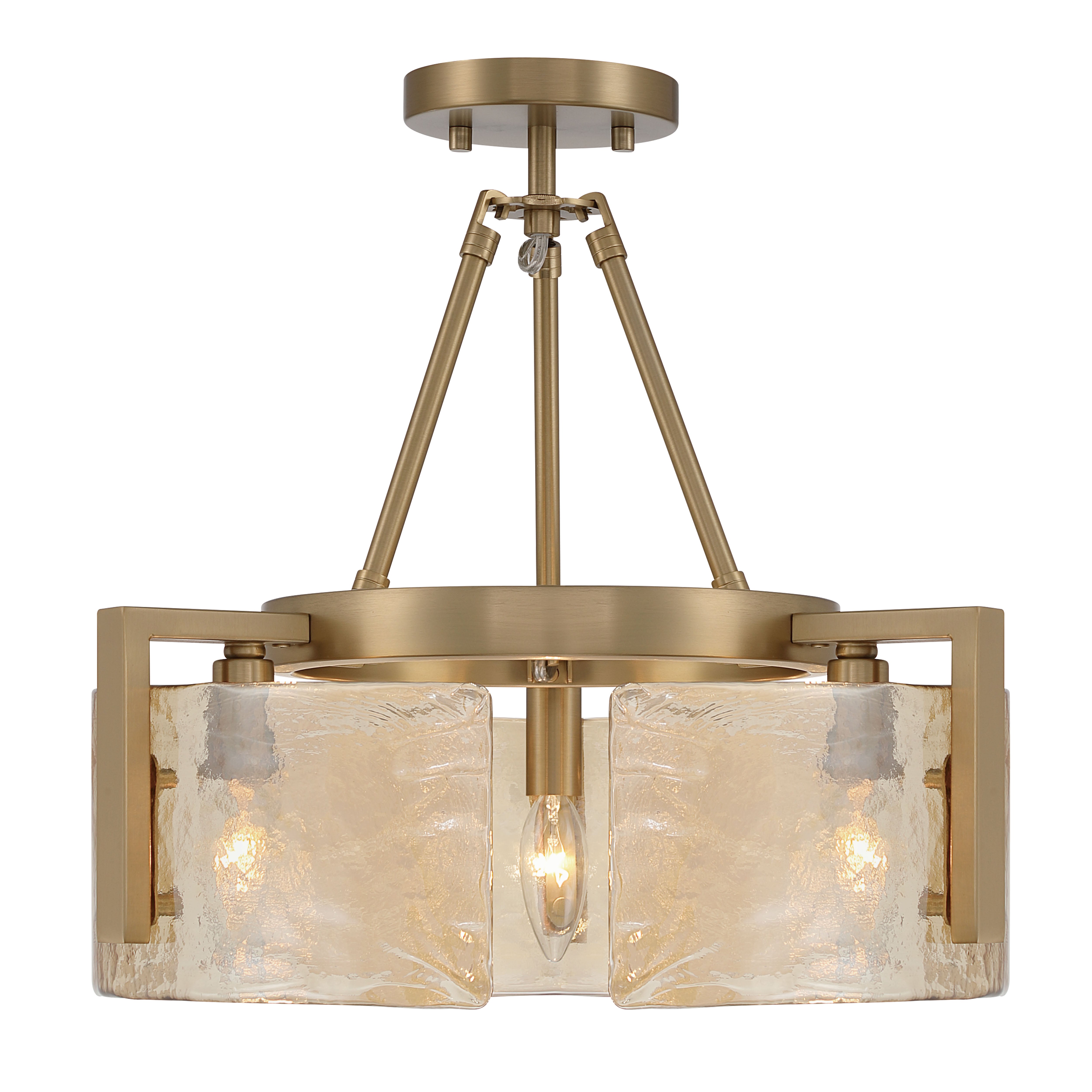 Aenon 3-light Semi-Flush Mount in Brushed Champagne Brass with Amber Water Glass - - Golden Lighting