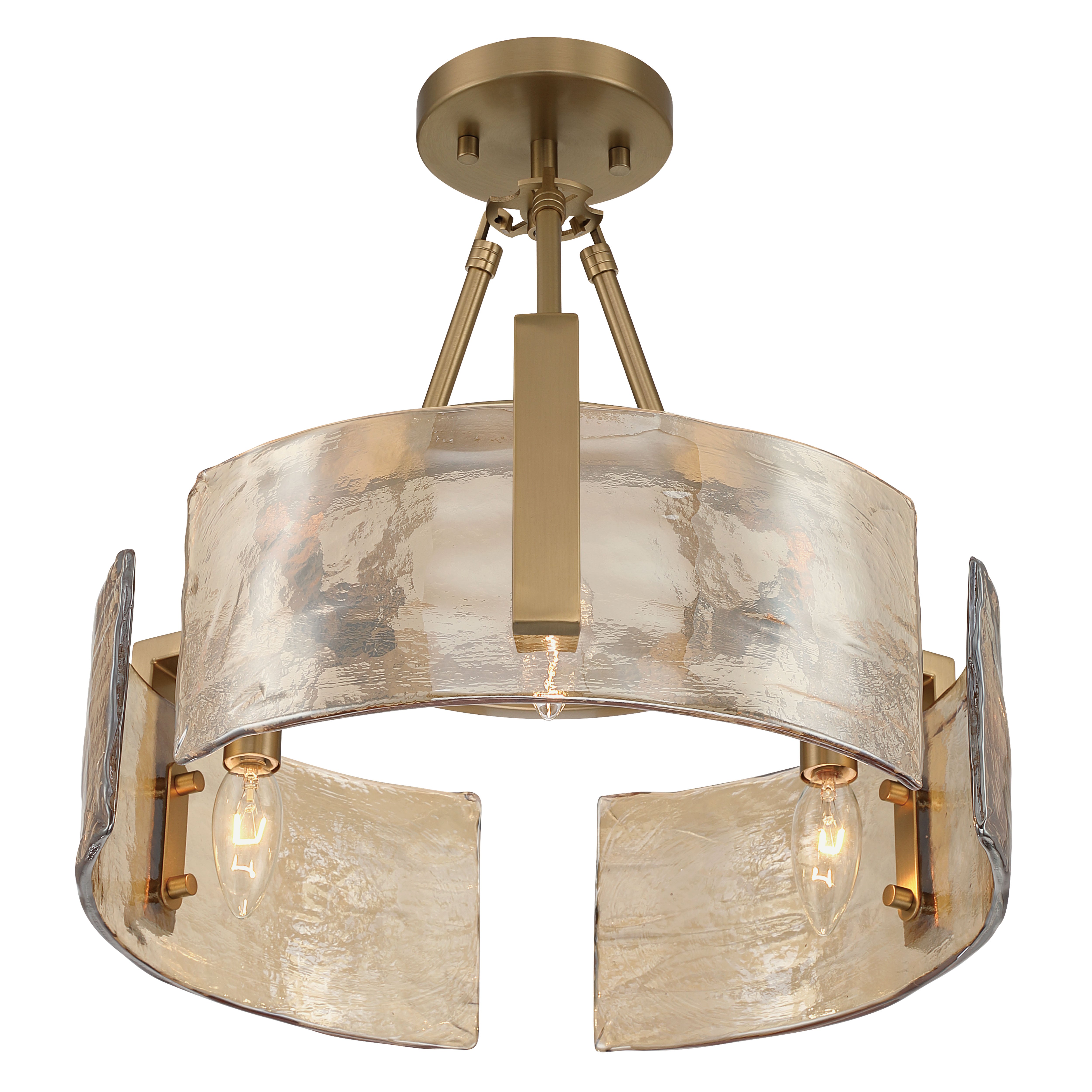 Aenon 3-light Semi-Flush Mount in Brushed Champagne Brass with Amber Water Glass - - Golden Lighting