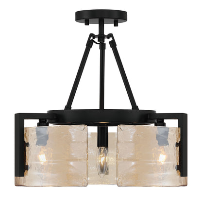 Aenon 3-light Semi-Flush Mount in Matte Black with Amber Water Glass - - Golden Lighting