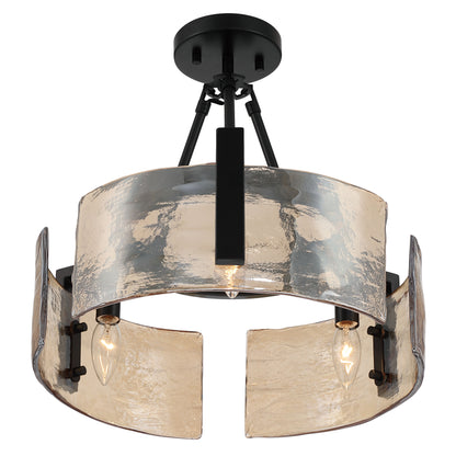 Aenon 3-light Semi-Flush Mount in Matte Black with Amber Water Glass - - Golden Lighting