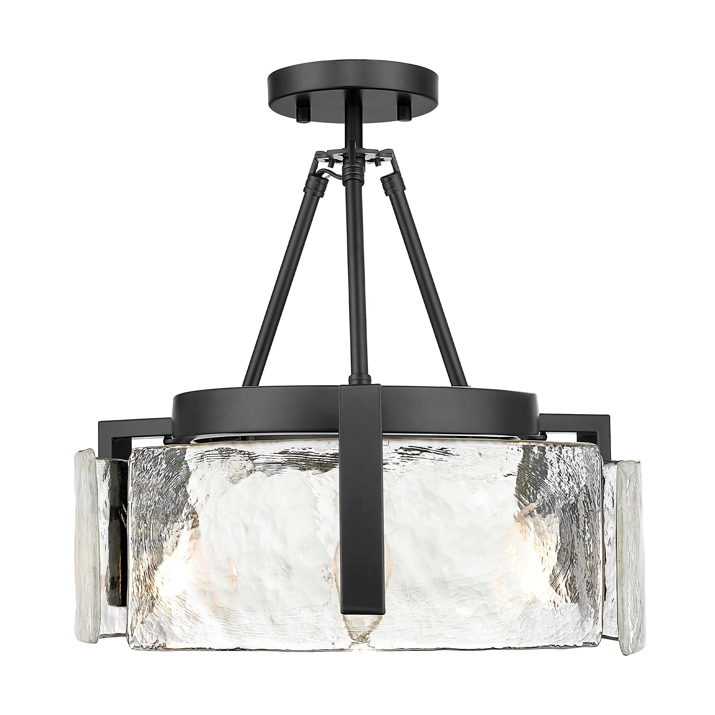 Aenon 3-Light Semi-Flush in Matte Black with Hammered Water Glass Shade - - Golden Lighting