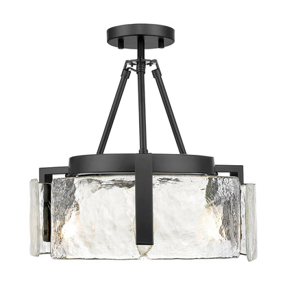 Aenon 3-Light Semi-Flush in Matte Black with Hammered Water Glass Shade - - Golden Lighting