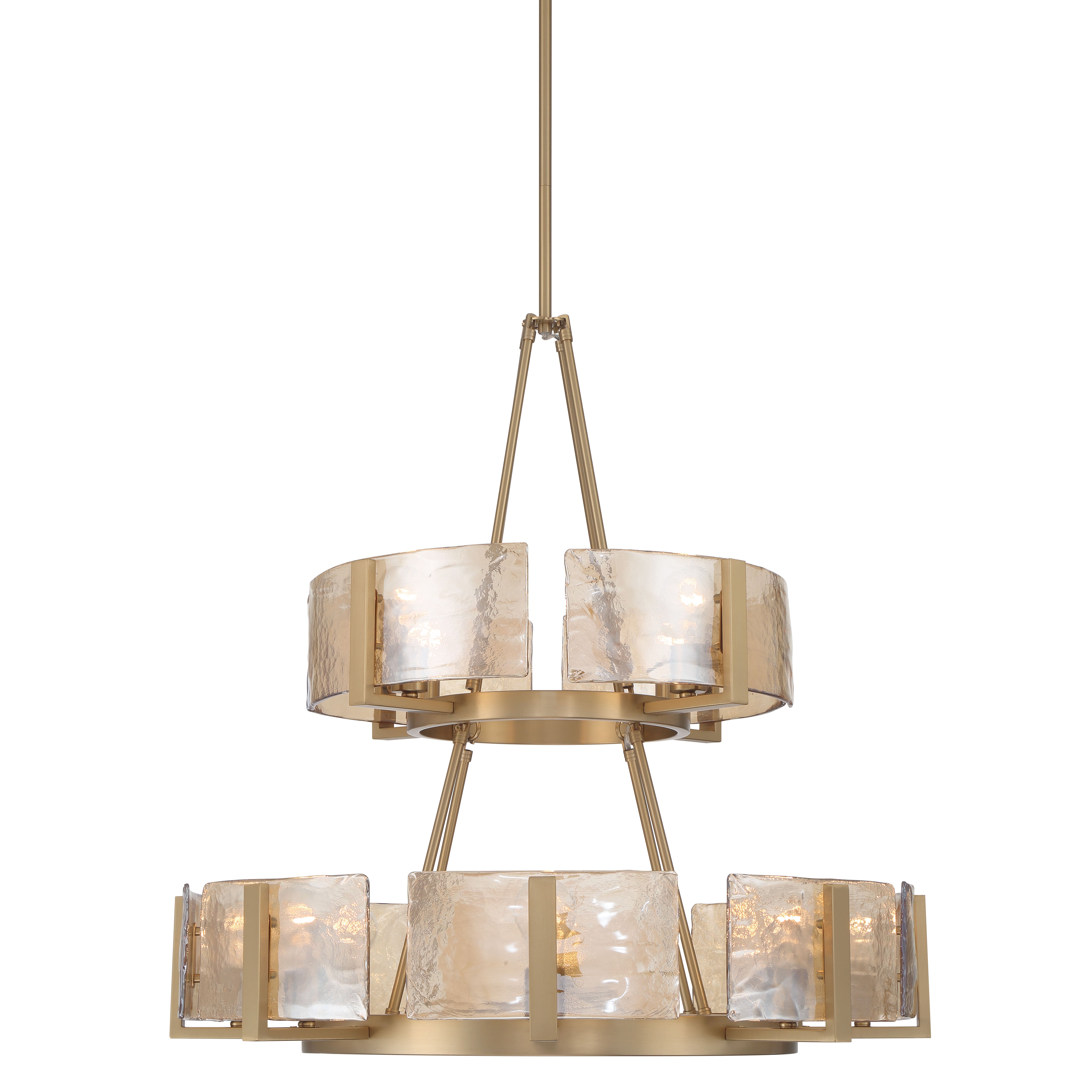 Yep by Golden Lighting Aenon 12-light 2-tier Chandelier (4+8) in Brushed Champagne Brass with Amber Water Glass
