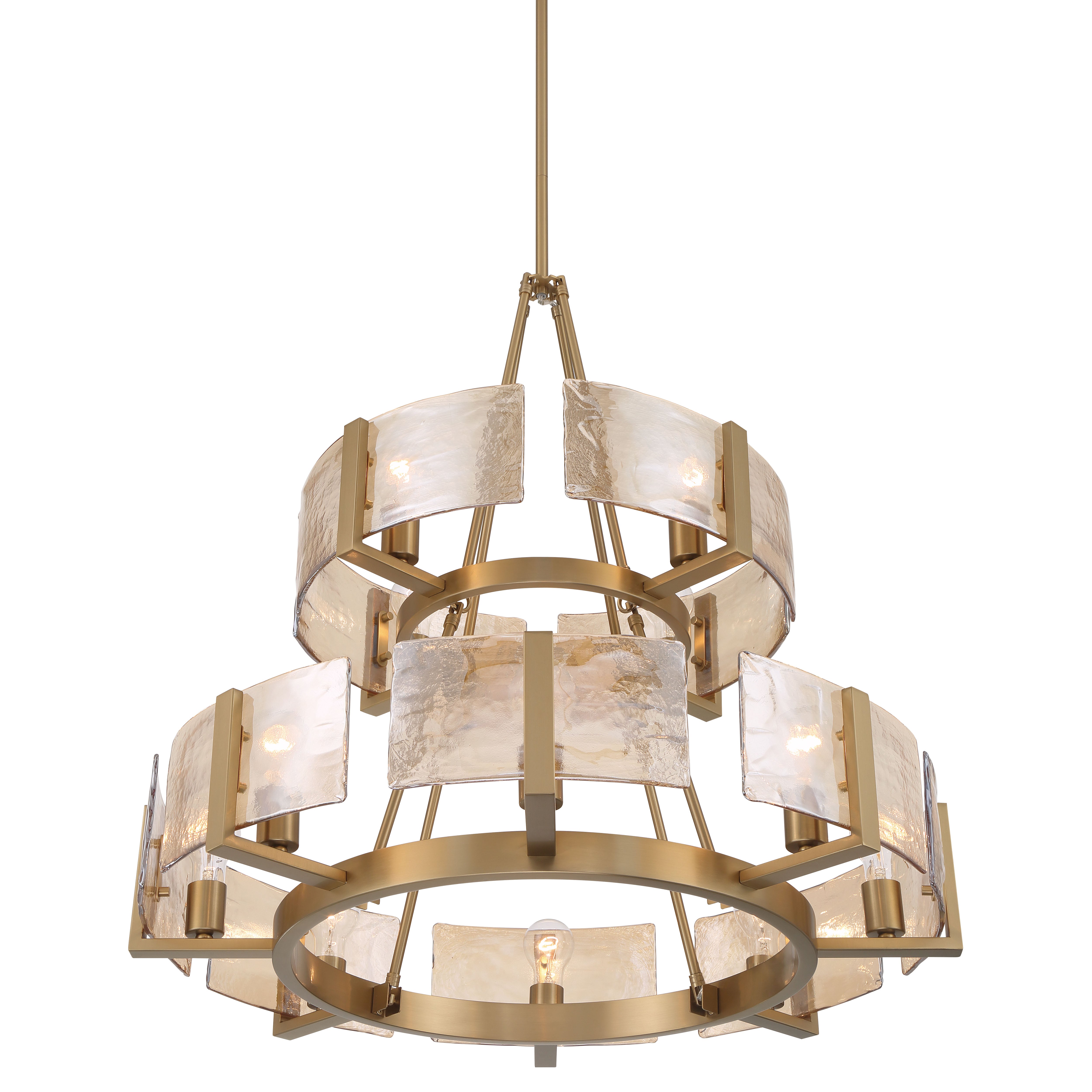 Yep by Golden Lighting Aenon 12-light 2-tier Chandelier (4+8) in Brushed Champagne Brass with Amber Water Glass