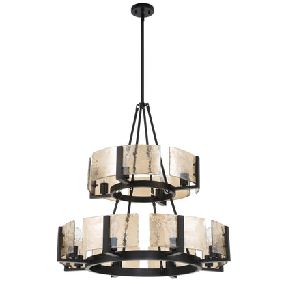 Aenon 12-light 2-tier Chandelier (4+8) in Matte Black with Amber Water Glass - - Golden Lighting