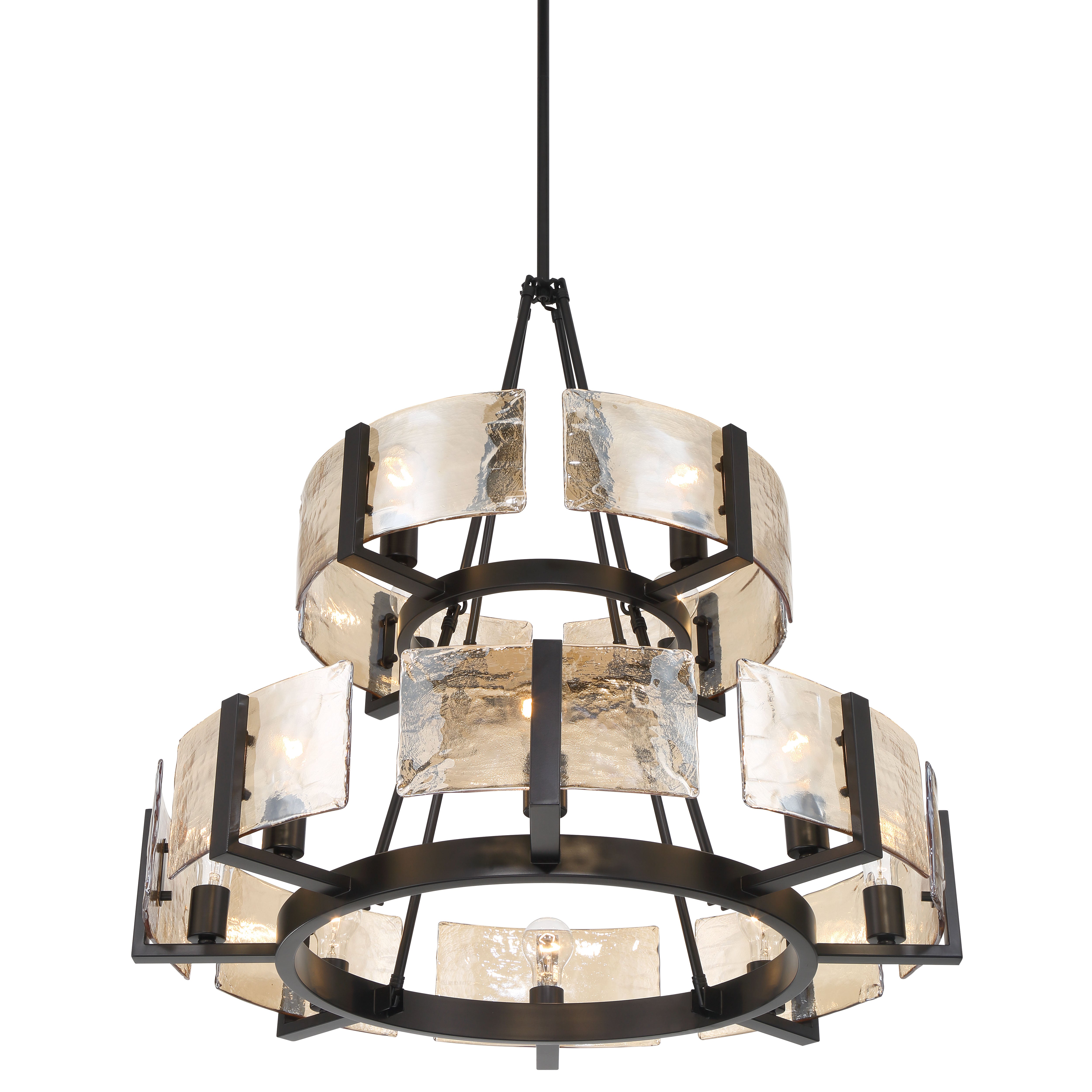 Aenon 12-light 2-tier Chandelier (4+8) in Matte Black with Amber Water Glass - - Golden Lighting