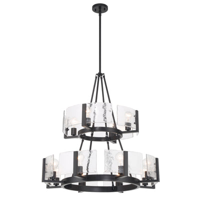 Aenon 12-light 2-tier Chandelier (4+8) in Matte Black with Hammered Water Glass - - Golden Lighting