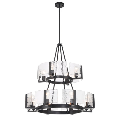 Aenon 12-light 2-tier Chandelier (4+8) in Matte Black with Hammered Water Glass - - Golden Lighting