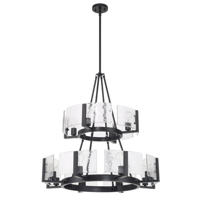 Aenon 12-light 2-tier Chandelier (4+8) in Matte Black with Hammered Water Glass - - Golden Lighting
