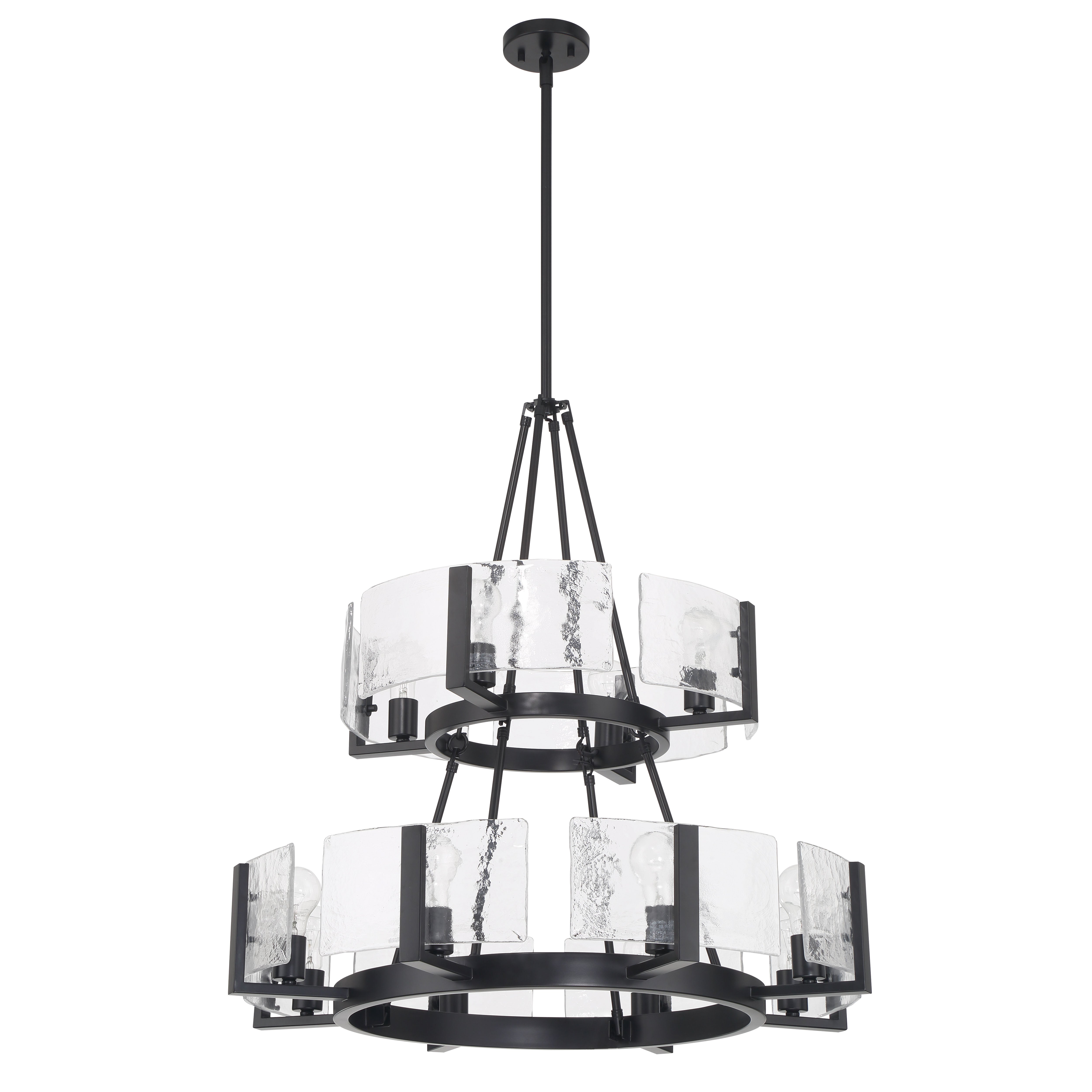 Aenon 12-light 2-tier Chandelier (4+8) in Matte Black with Hammered Water Glass - - Golden Lighting