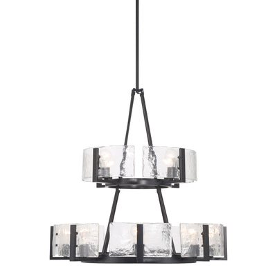 Aenon 12-light 2-tier Chandelier (4+8) in Matte Black with Hammered Water Glass - - Golden Lighting