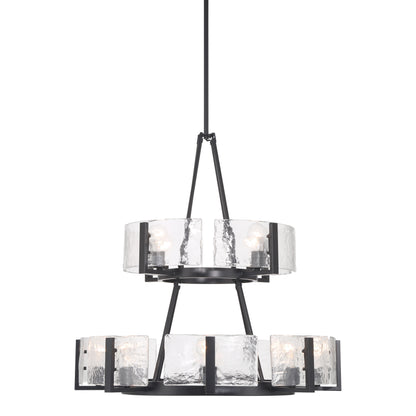 Aenon 12-light 2-tier Chandelier (4+8) in Matte Black with Hammered Water Glass - - Golden Lighting