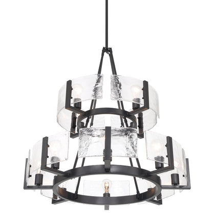 Aenon 12-light 2-tier Chandelier (4+8) in Matte Black with Hammered Water Glass - - Golden Lighting