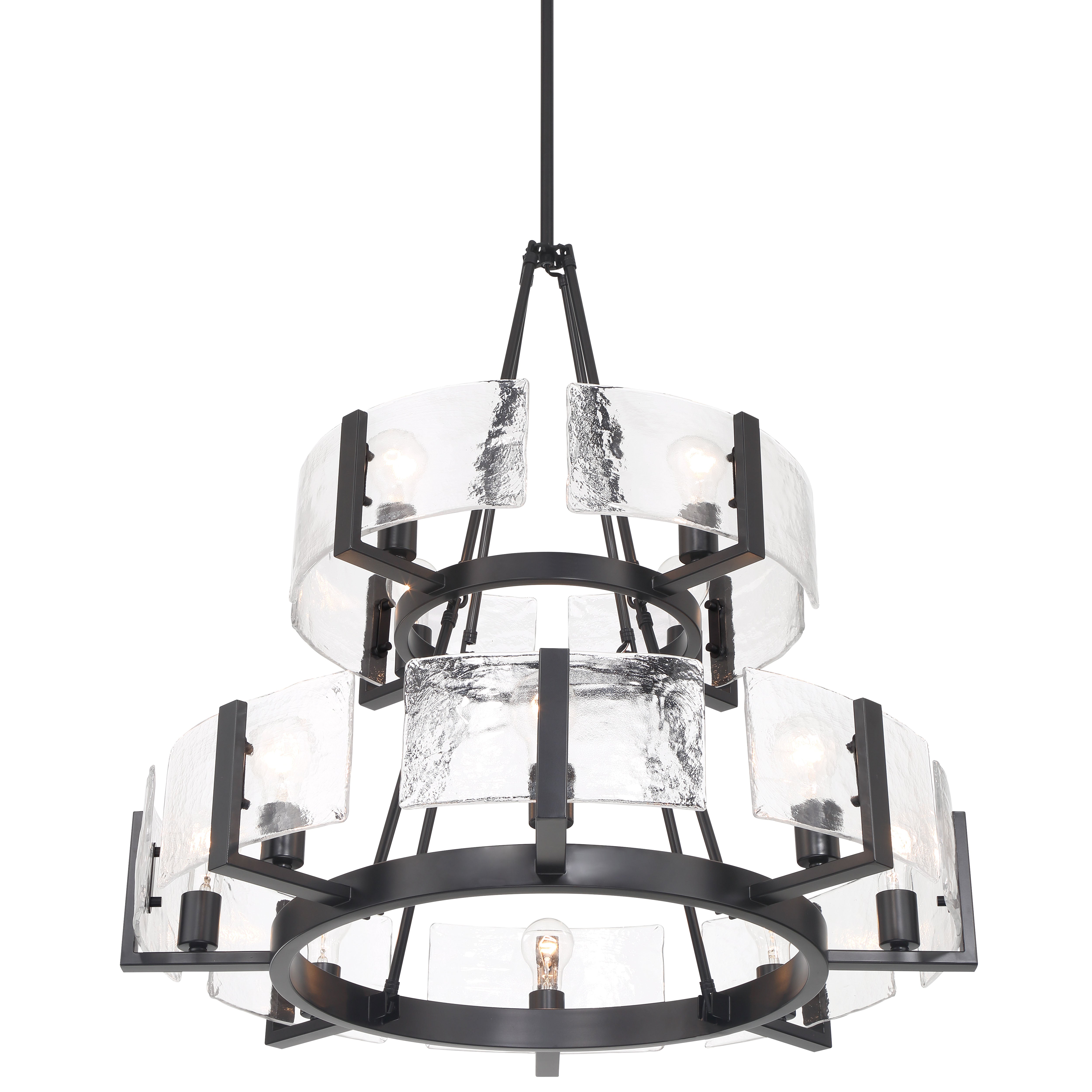 Aenon 12-light 2-tier Chandelier (4+8) in Matte Black with Hammered Water Glass - - Golden Lighting