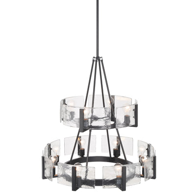 Aenon 12-light 2-tier Chandelier (4+8) in Matte Black with Hammered Water Glass - - Golden Lighting