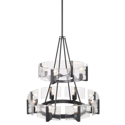 Aenon 12-light 2-tier Chandelier (4+8) in Matte Black with Hammered Water Glass - - Golden Lighting