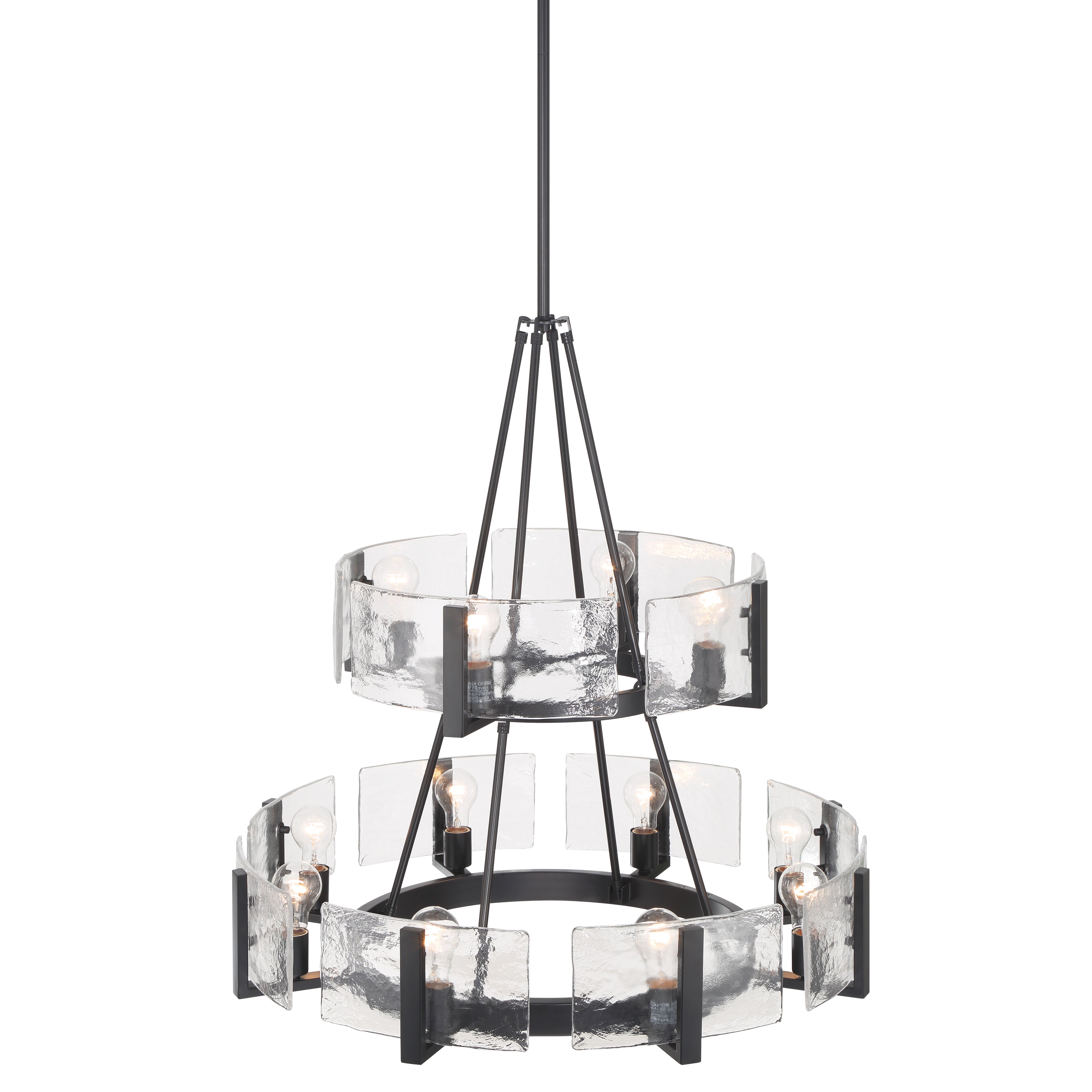 Aenon 12-light 2-tier Chandelier (4+8) in Matte Black with Hammered Water Glass - - Golden Lighting