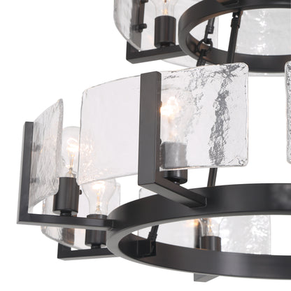 Aenon 12-light 2-tier Chandelier (4+8) in Matte Black with Hammered Water Glass - - Golden Lighting