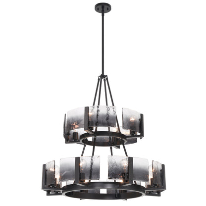 Aenon 12-light 2-tier Chandelier (4+8) in Matte Black with Smokey Water Glass - - Golden Lighting