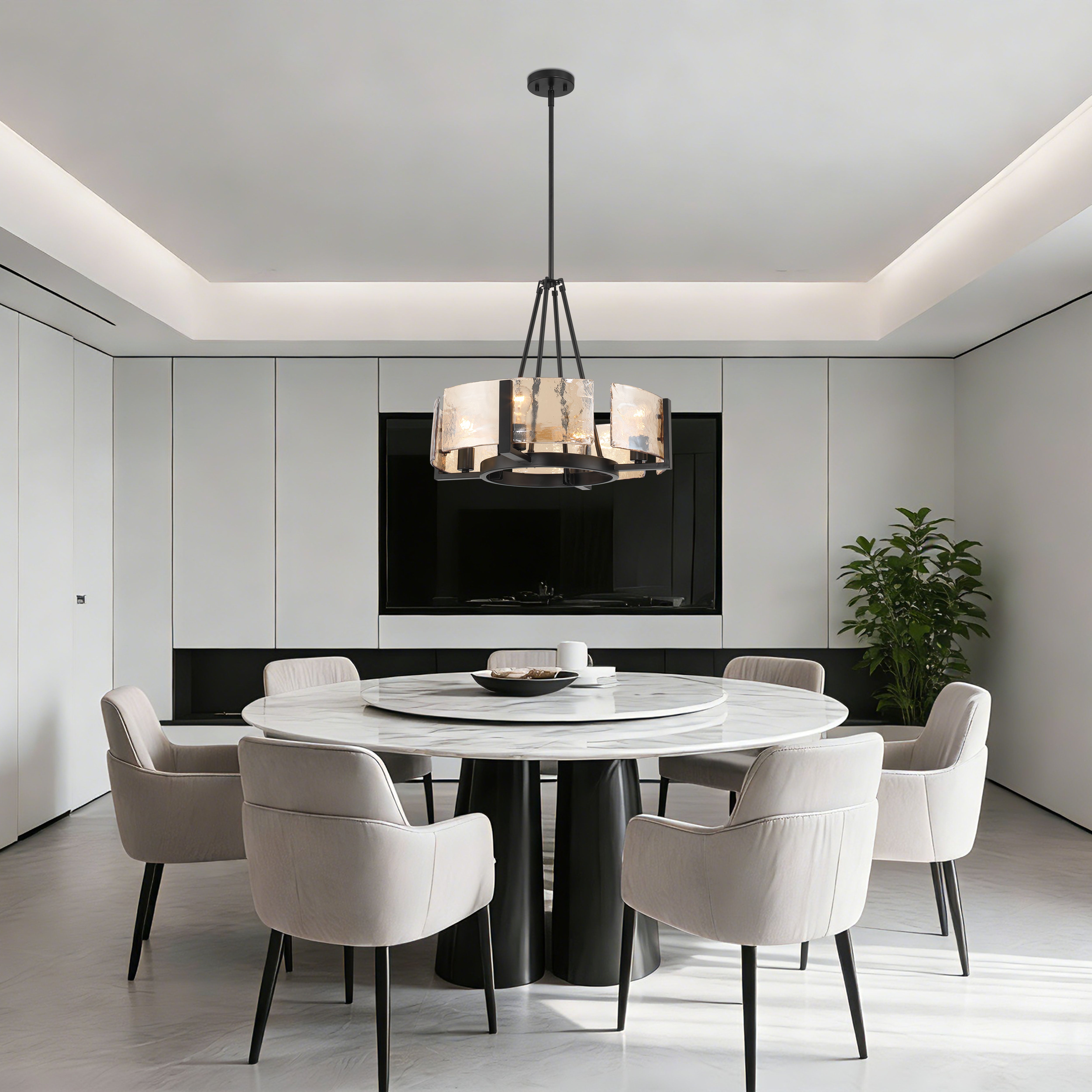 Aenon 4-Light Chandelier in Matte Black with Amber Water Glass - - Golden Lighting