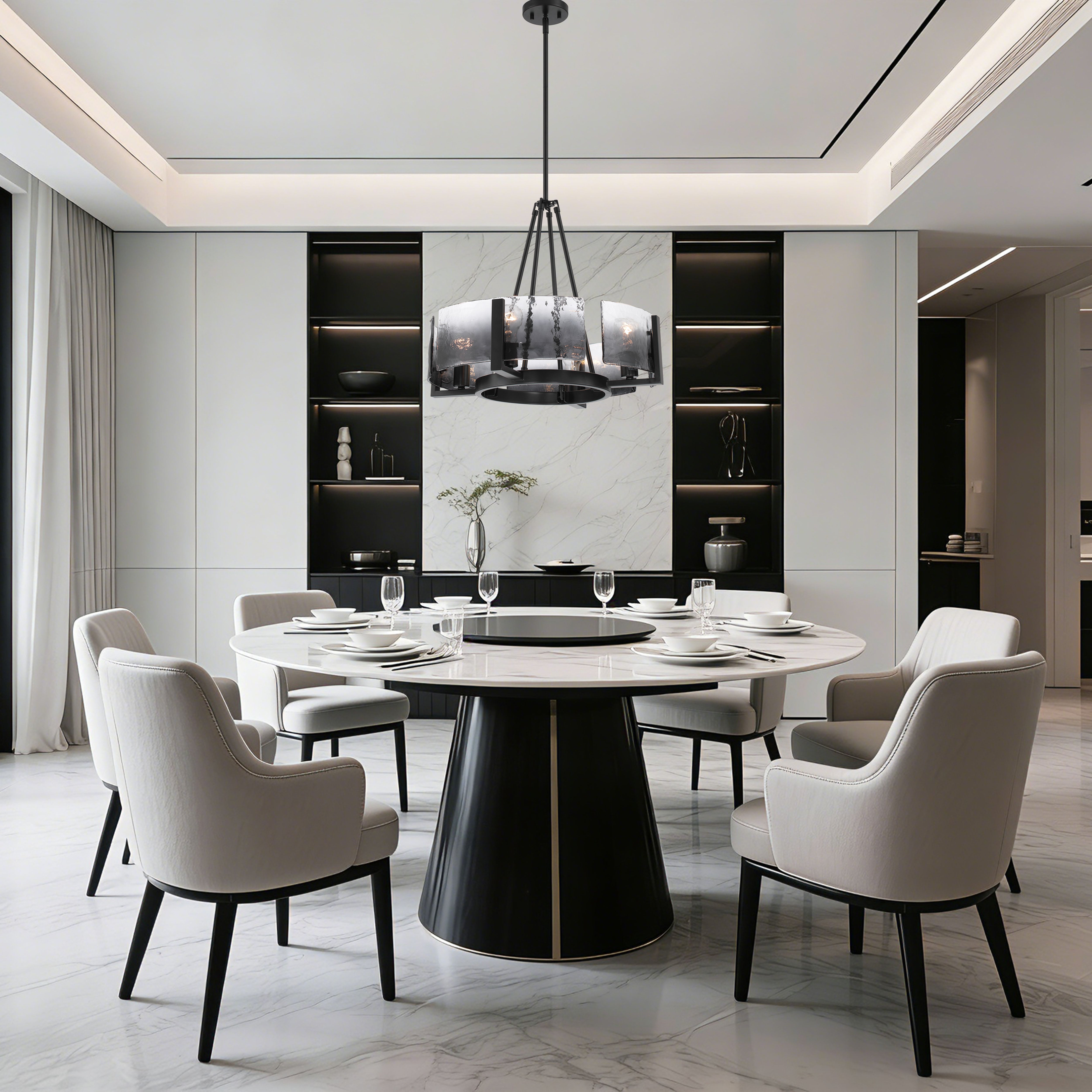 Aenon 4-Light Chandelier in Matte Black with Smokey Water Glass - - Golden Lighting