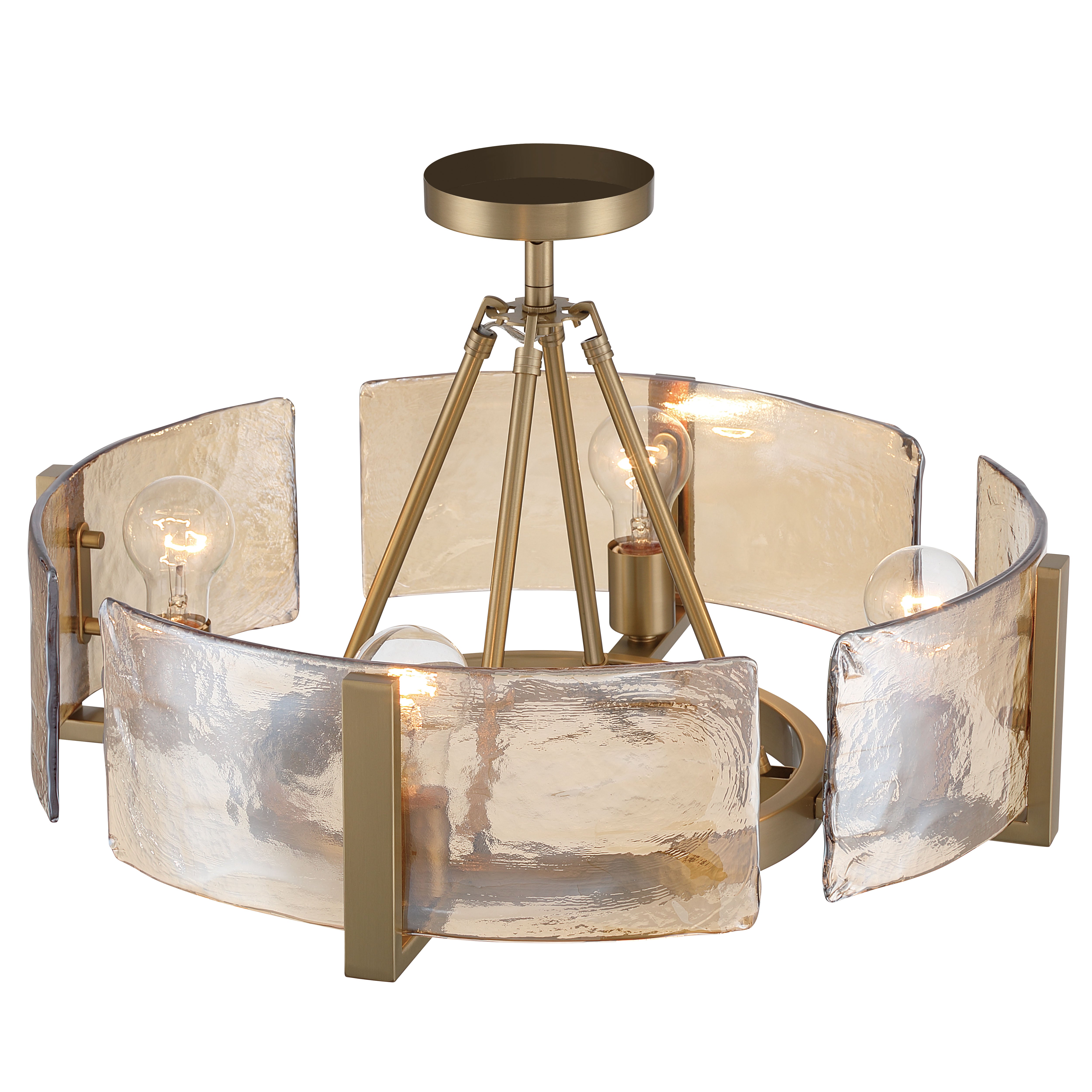 Aenon 4-light Semi-Flush Mount in Brushed Champagne Brass with Amber Water Glass - - Golden Lighting
