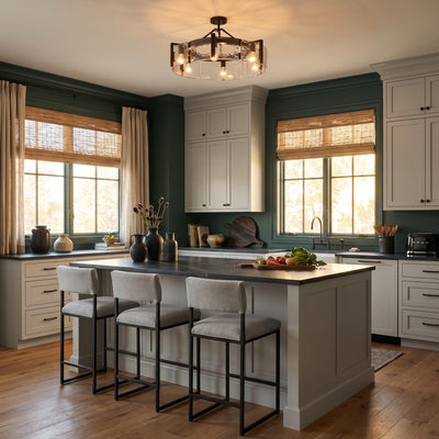Aenon 6-light Semi-Flush Mount in Matte Black, AI-visualized kitchen scene - Golden Lighting