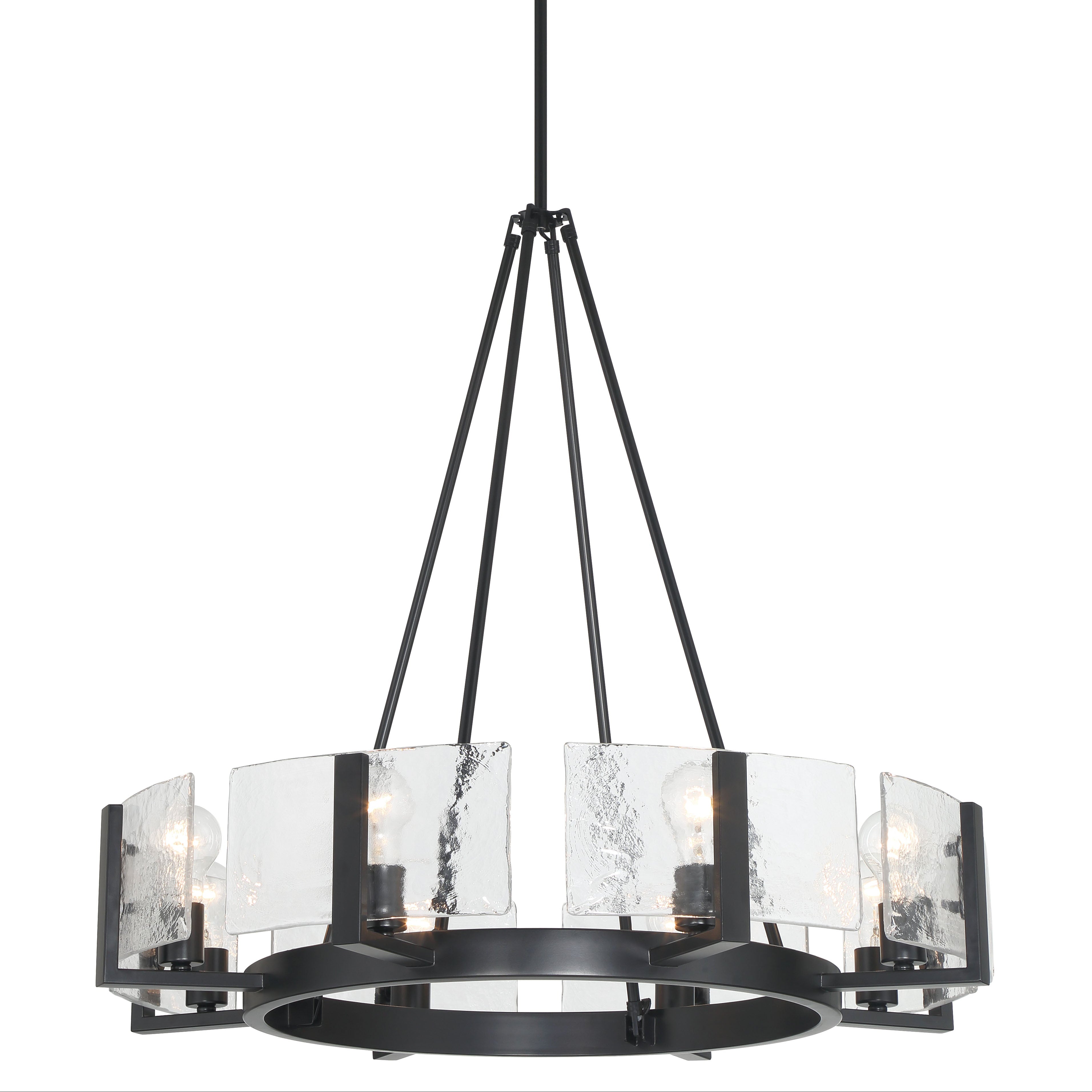 Aenon 8-Light Chandelier in Matte Black with Hammered Water Glass - - Golden Lighting