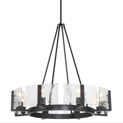 Aenon 8-Light Chandelier in Matte Black with Hammered Water Glass - - Golden Lighting