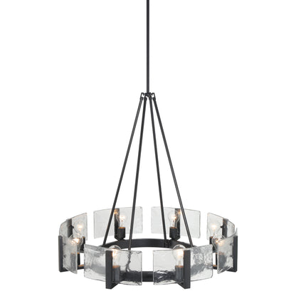 Aenon 8-Light Chandelier in Matte Black with Hammered Water Glass - - Golden Lighting