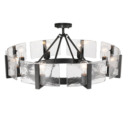 Aenon 8-Light Semi-Flush Mount in Matte Black with Hammered Water Glass - - Golden Lighting