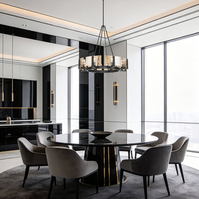 Aenon 8-Light Chandelier in Matte Black with Amber Water Glass - - Golden Lighting