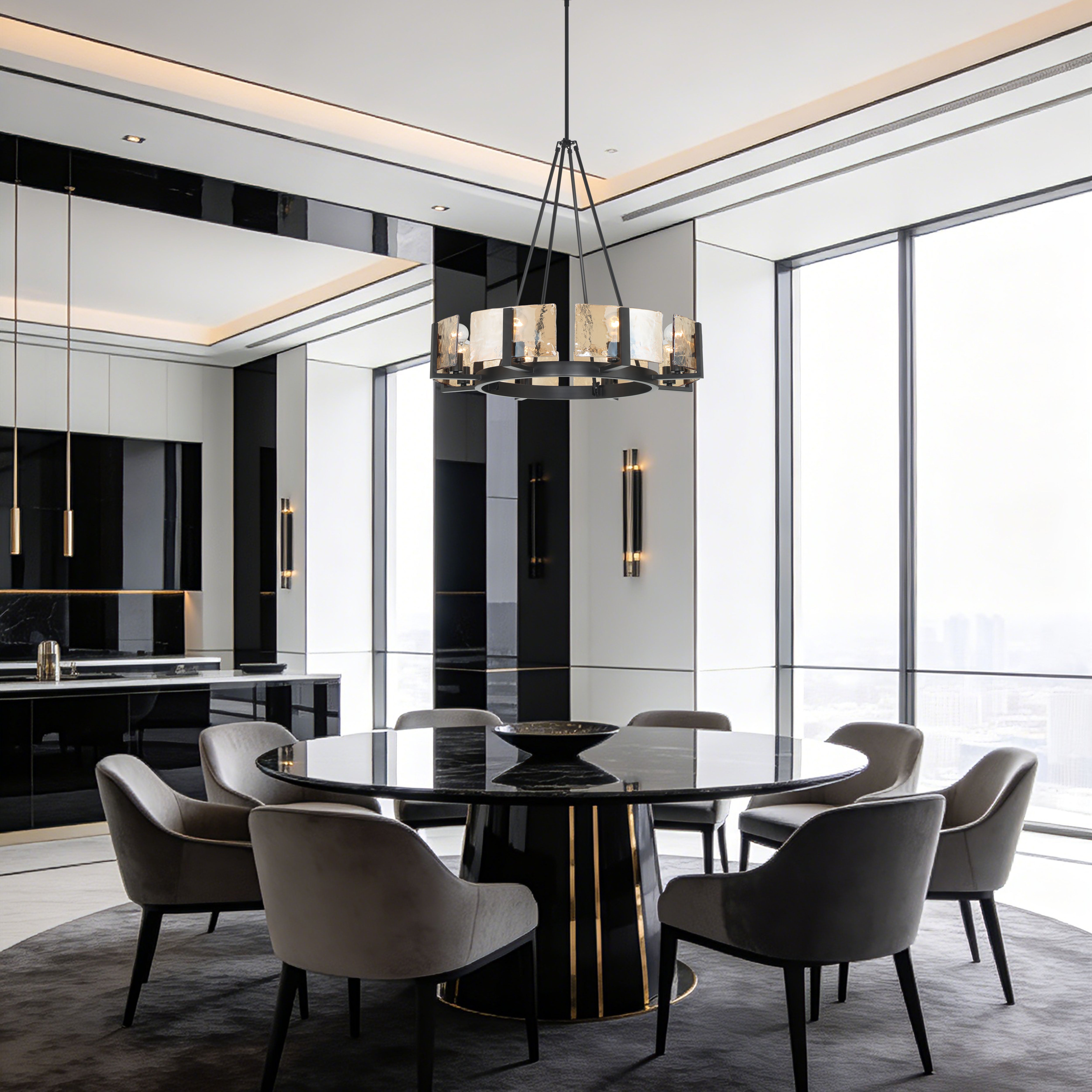 Aenon 8-Light Chandelier in Matte Black with Amber Water Glass - - Golden Lighting