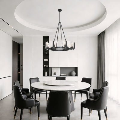 Aenon 8-Light Chandelier in Matte Black with Hammered Water Glass - - Golden Lighting