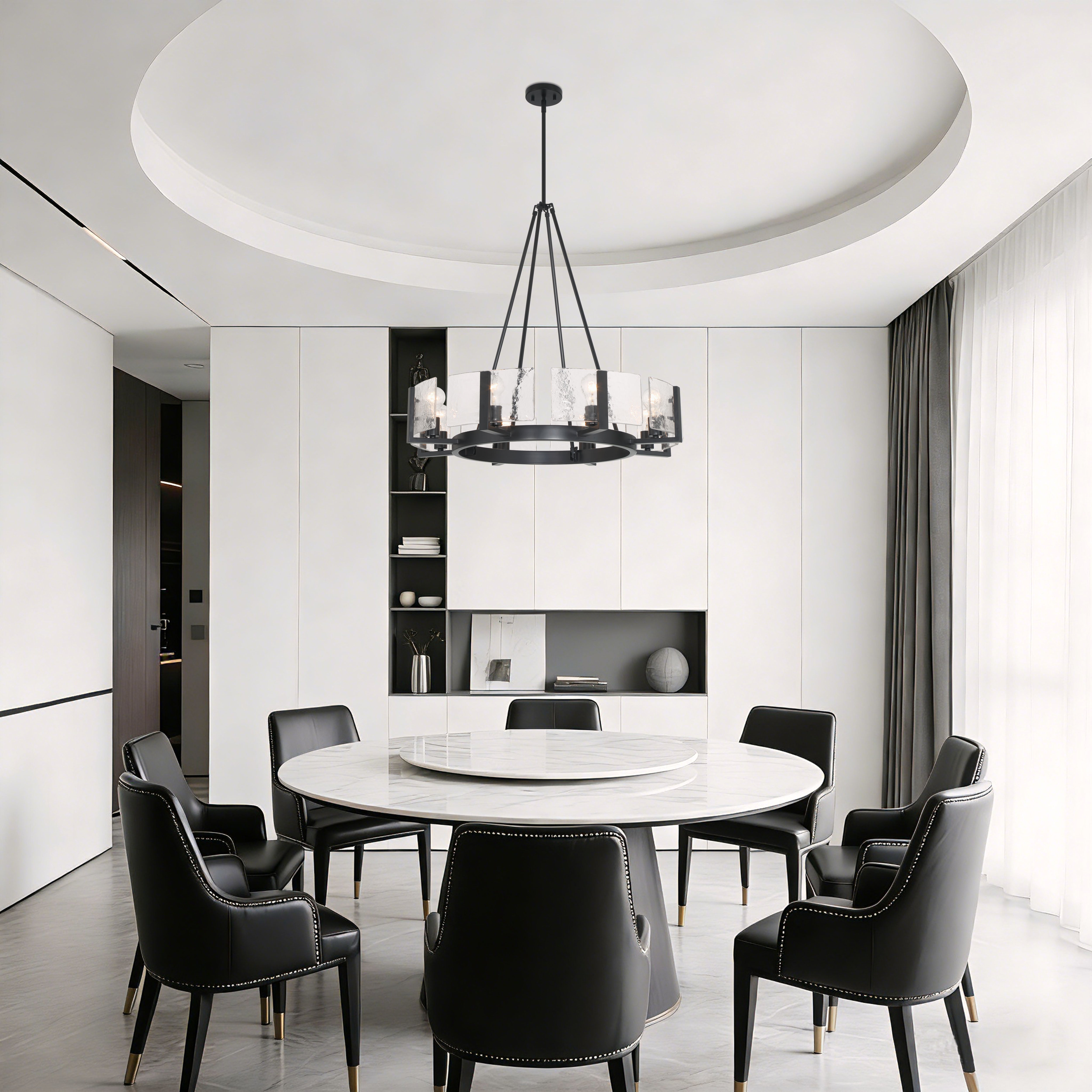 Aenon 8-Light Chandelier in Matte Black with Hammered Water Glass - - Golden Lighting