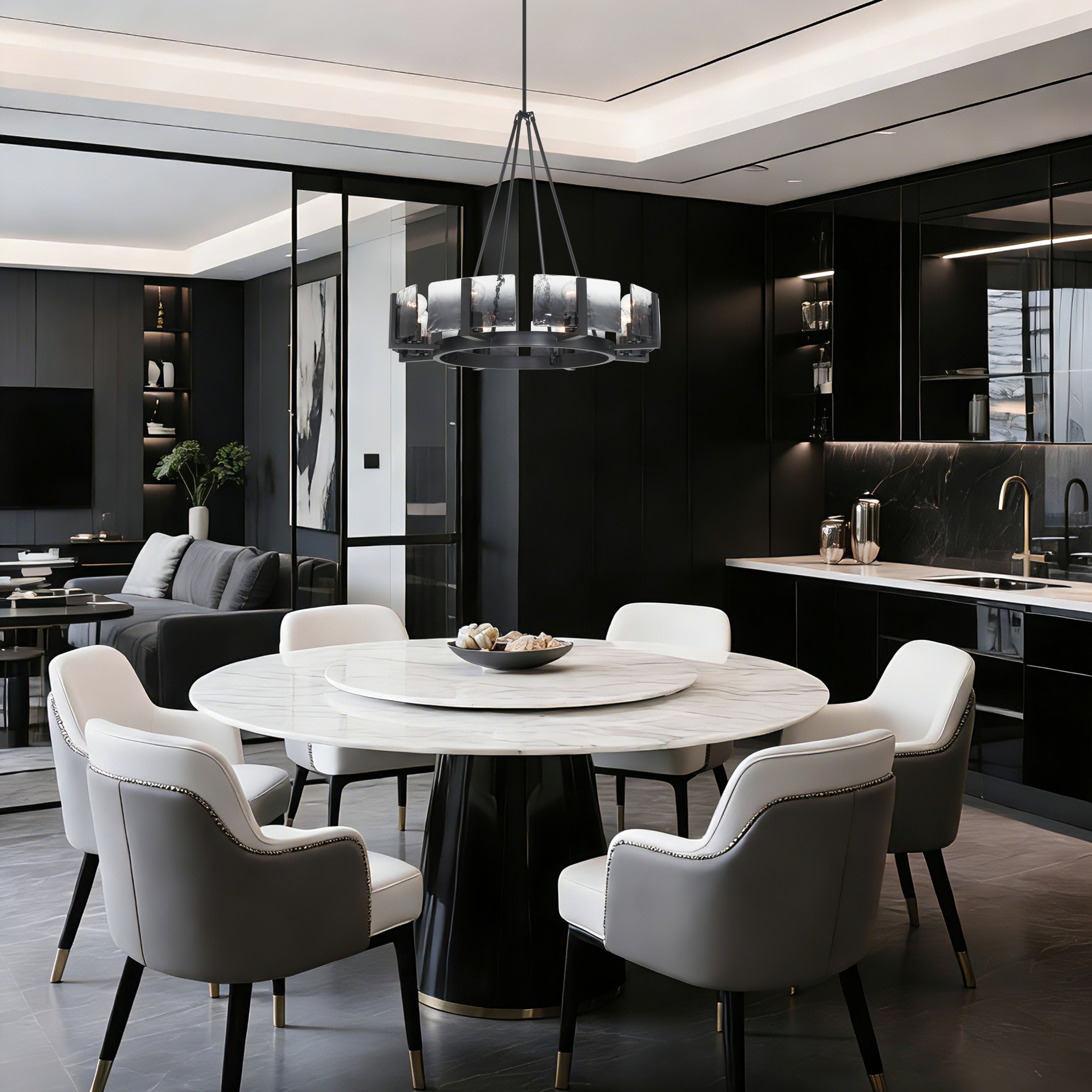 Aenon 8-Light Chandelier in Matte Black with Smokey Water Glass - - Golden Lighting