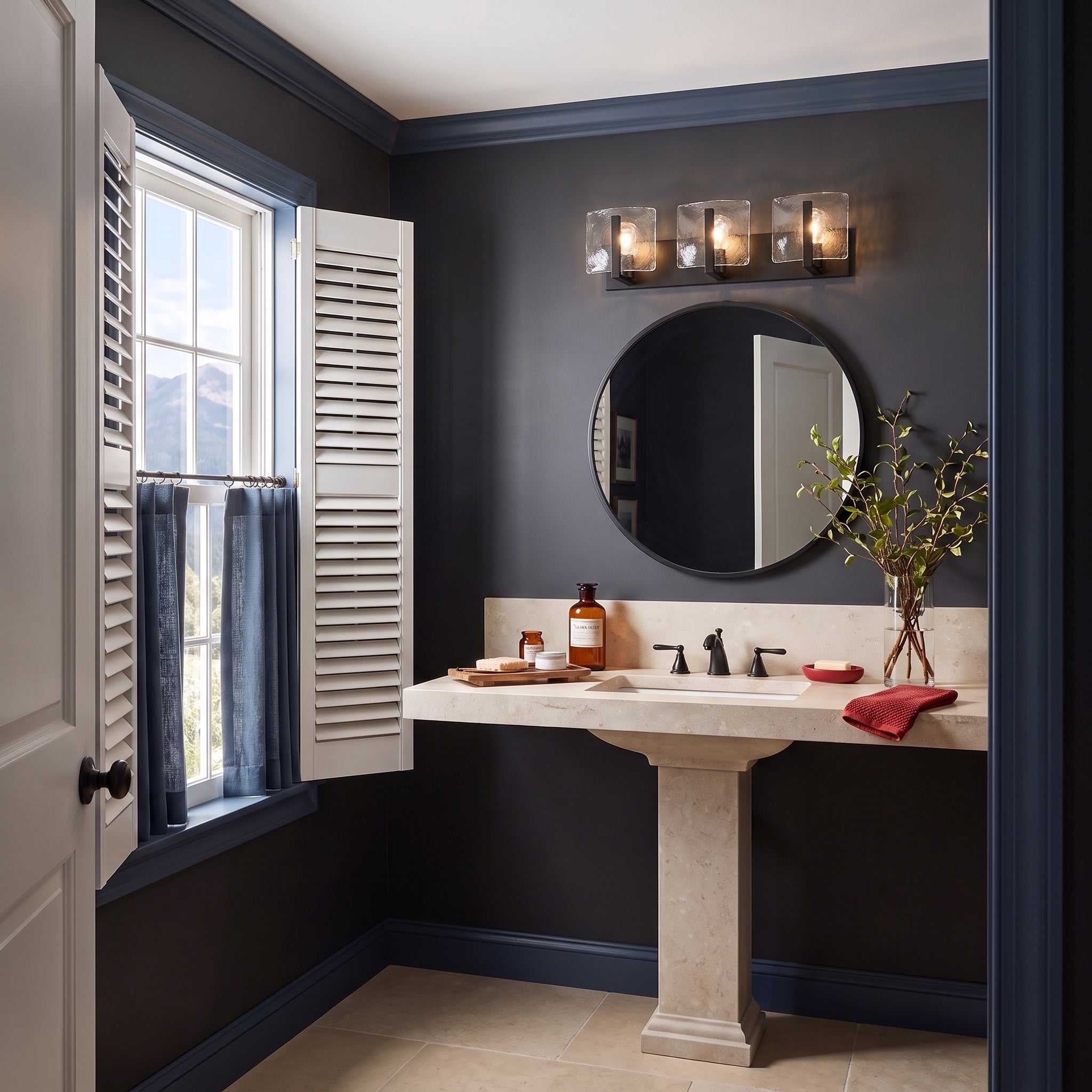 Aenon 3-light Vanity in Matte Black, AI-visualized powder room scene - Golden Lighting