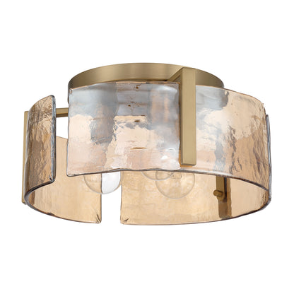 Aenon 3-light Flush Mount in Brushed Champagne Brass with Amber Water Glass - - Golden Lighting