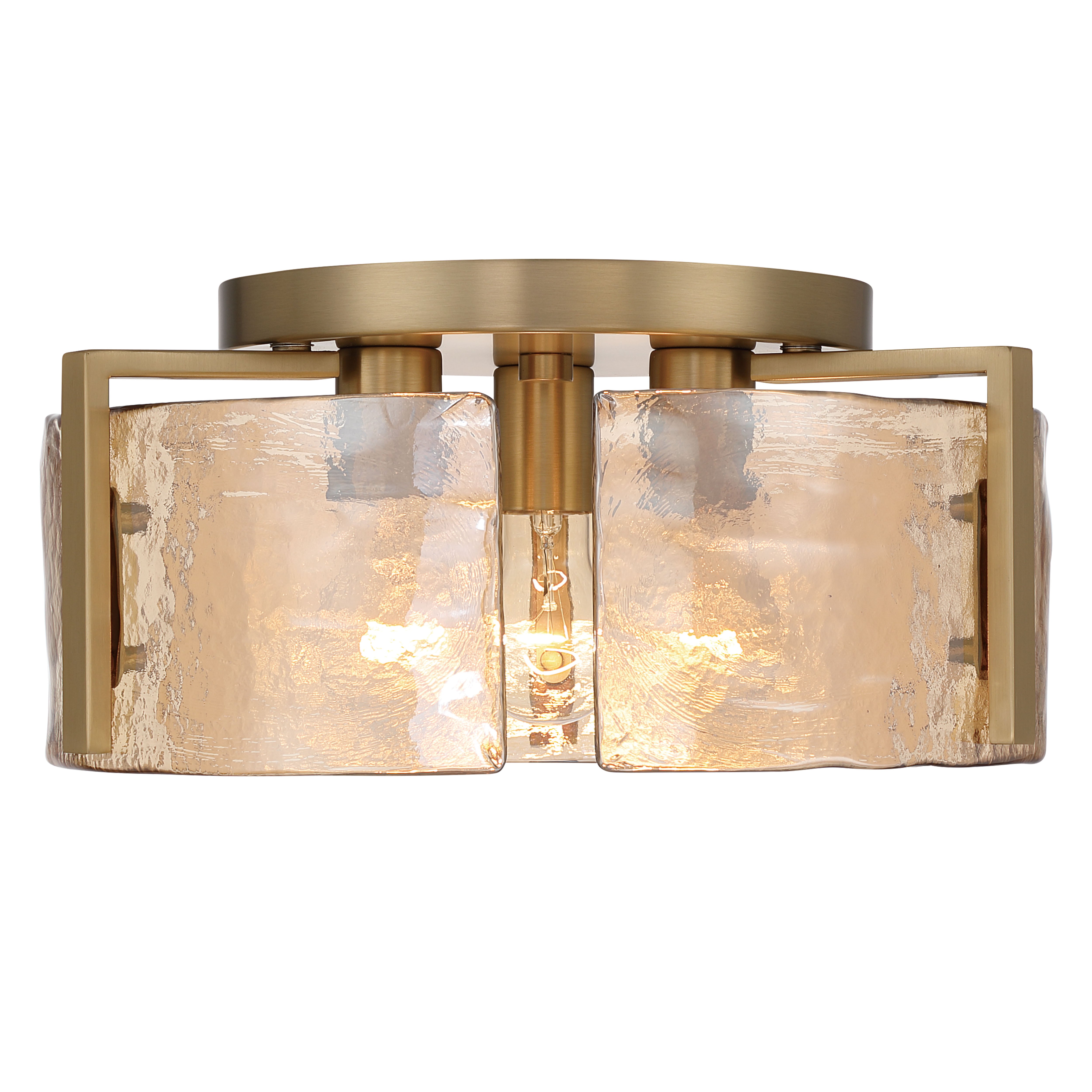 Aenon 3-light Flush Mount in Brushed Champagne Brass with Amber Water Glass - - Golden Lighting