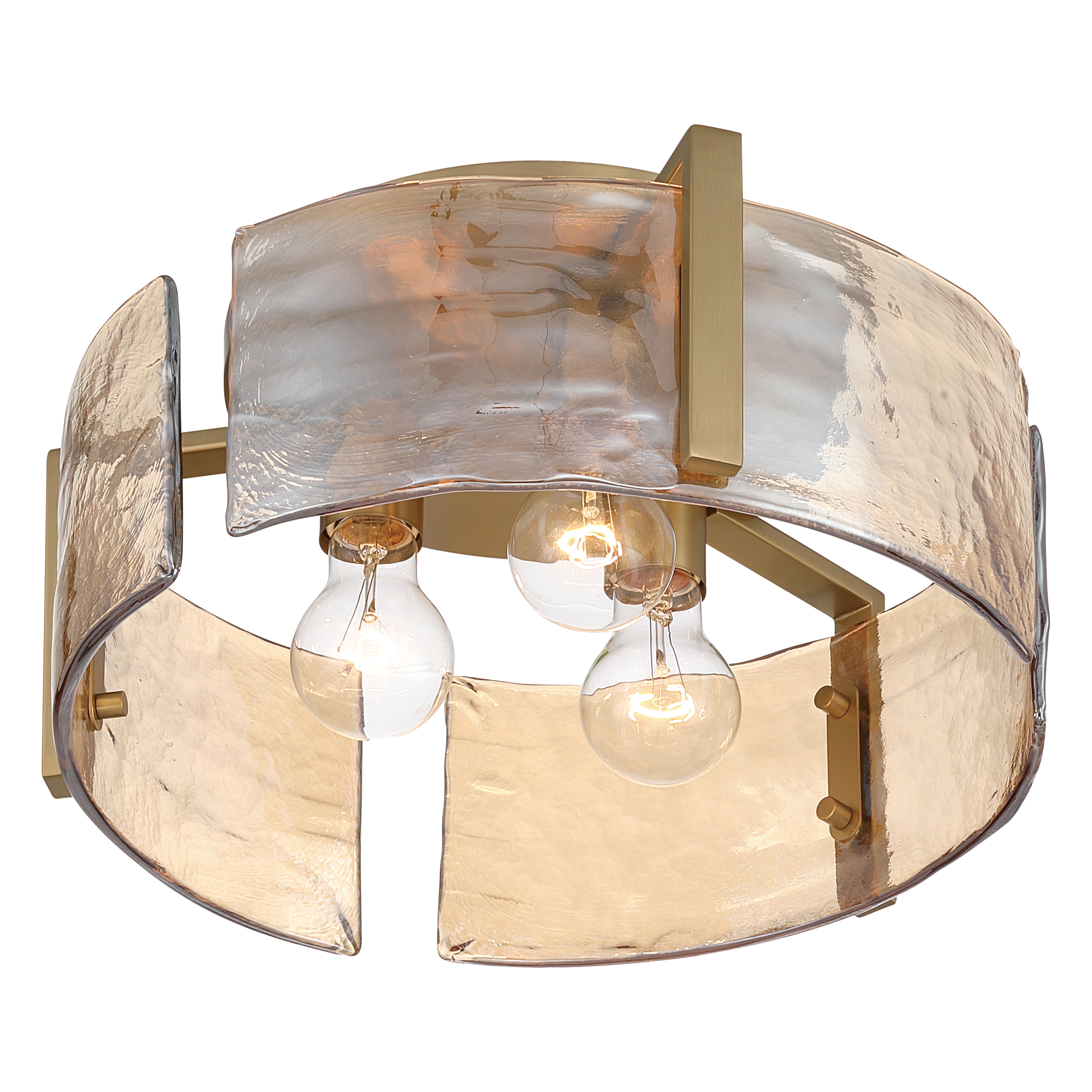 Aenon 3-light Flush Mount in Brushed Champagne Brass with Amber Water Glass - - Golden Lighting