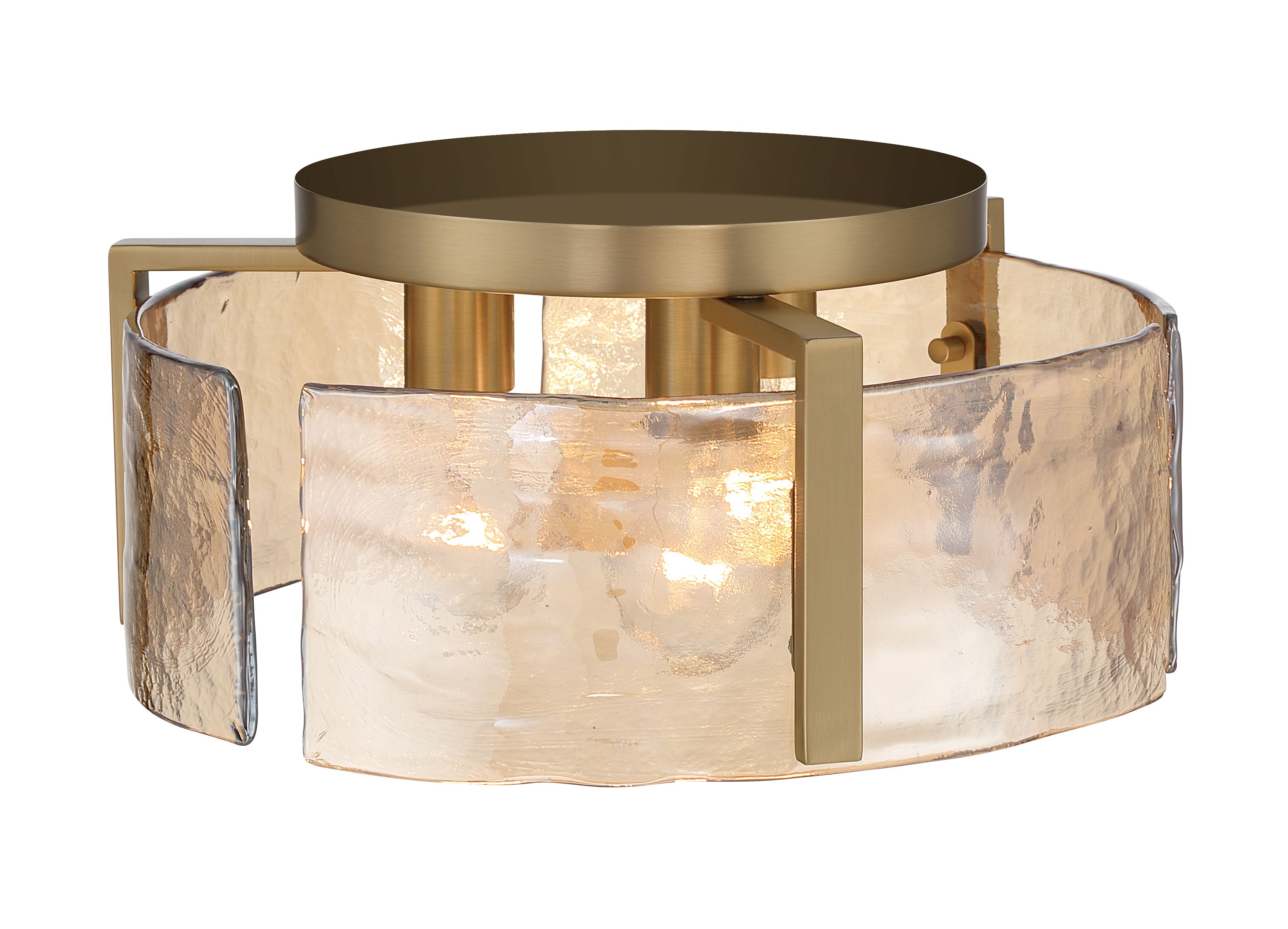 Aenon 3-light Flush Mount in Brushed Champagne Brass with Amber Water Glass - - Golden Lighting