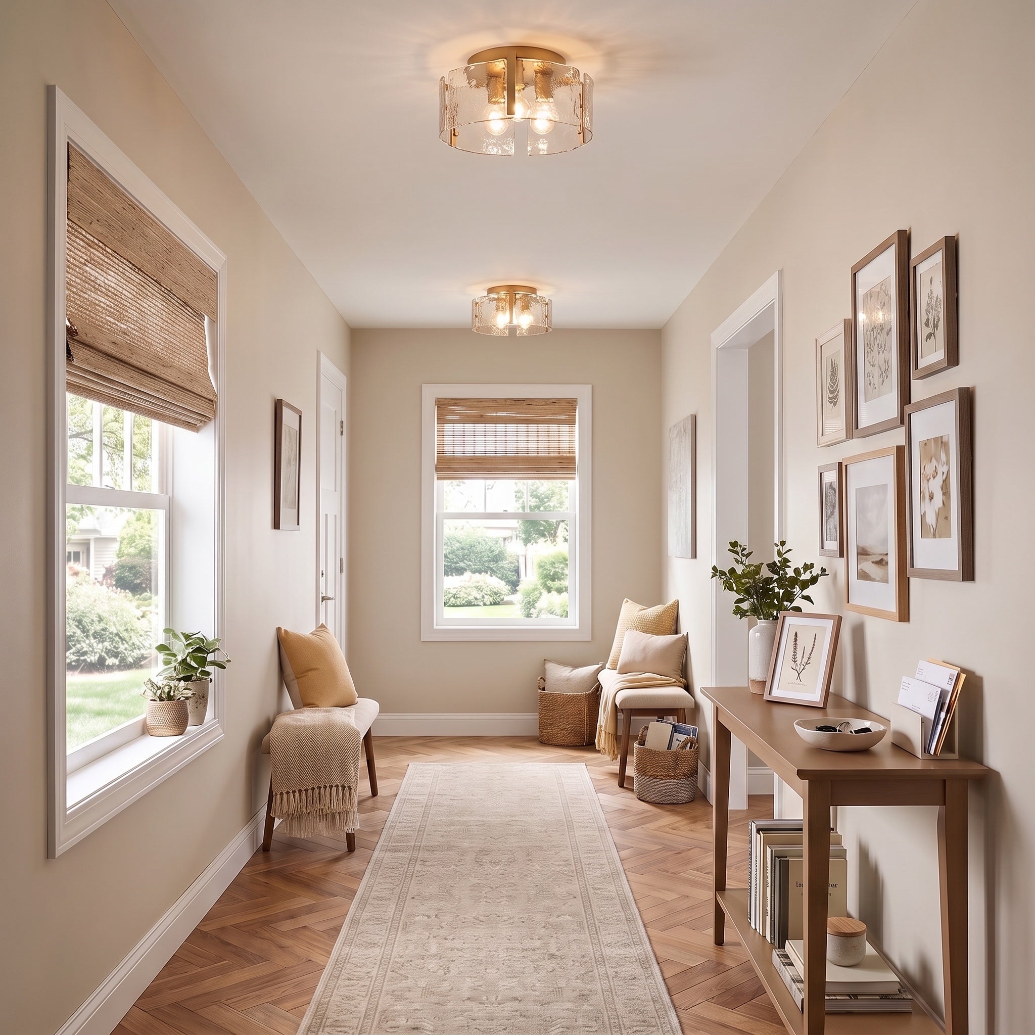 Aenon 3-light Flush Mount in Brushed Champagne Brass, AI-visualized hallway scene - Golden Lighting