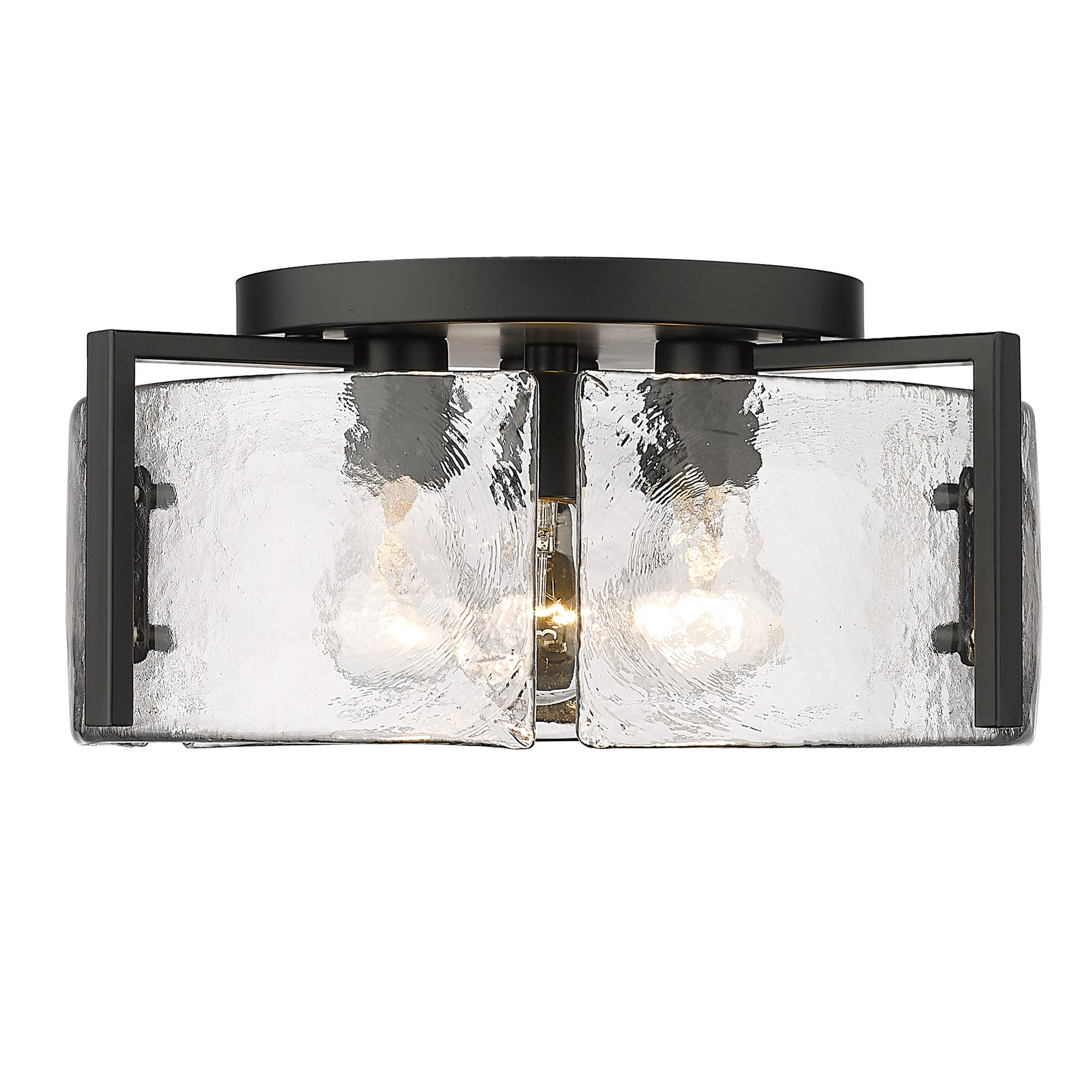 Aenon 3-Light Flush Mount in Matte Black with Hammered Water Glass - Matte Black / Hammered Water Glass / Clear - Golden Lighting