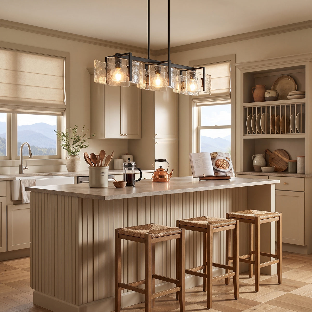 Aenon 3-light Island Light in Matte Black, AI-visualized room scene - Golden Lighting