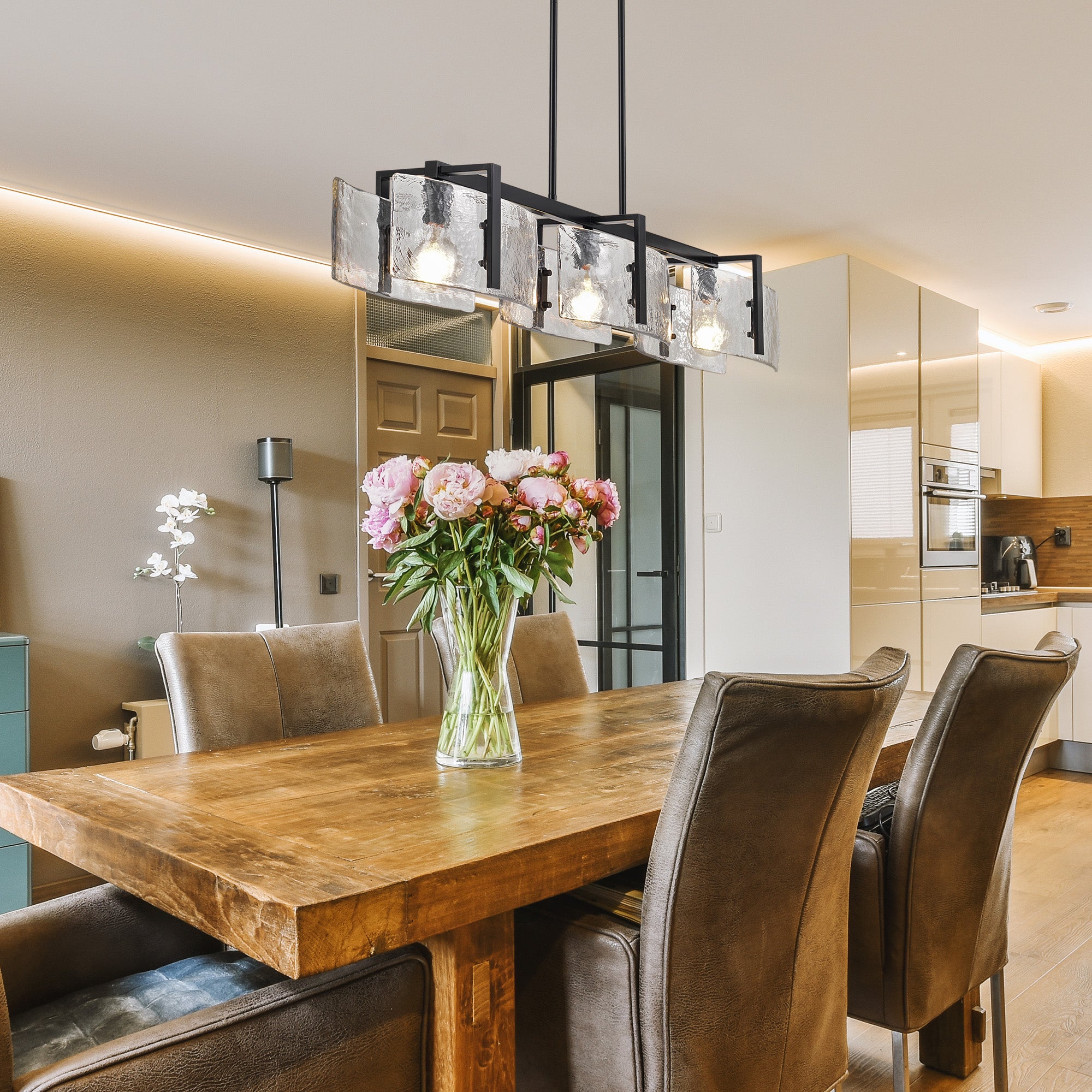 Aenon Linear Pendant in Matte Black with Hammered Water Glass Shade - Default Title - Golden Lighting