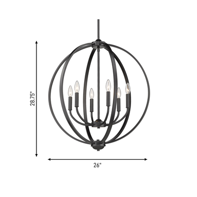 Colson 6-light Chandelier in Matte Black, dimensions diagram - Golden Lighting