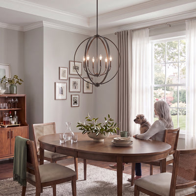 Colson 6-light Chandelier in Etruscan Bronze, AI-visualized dining room scene - Golden Lighting